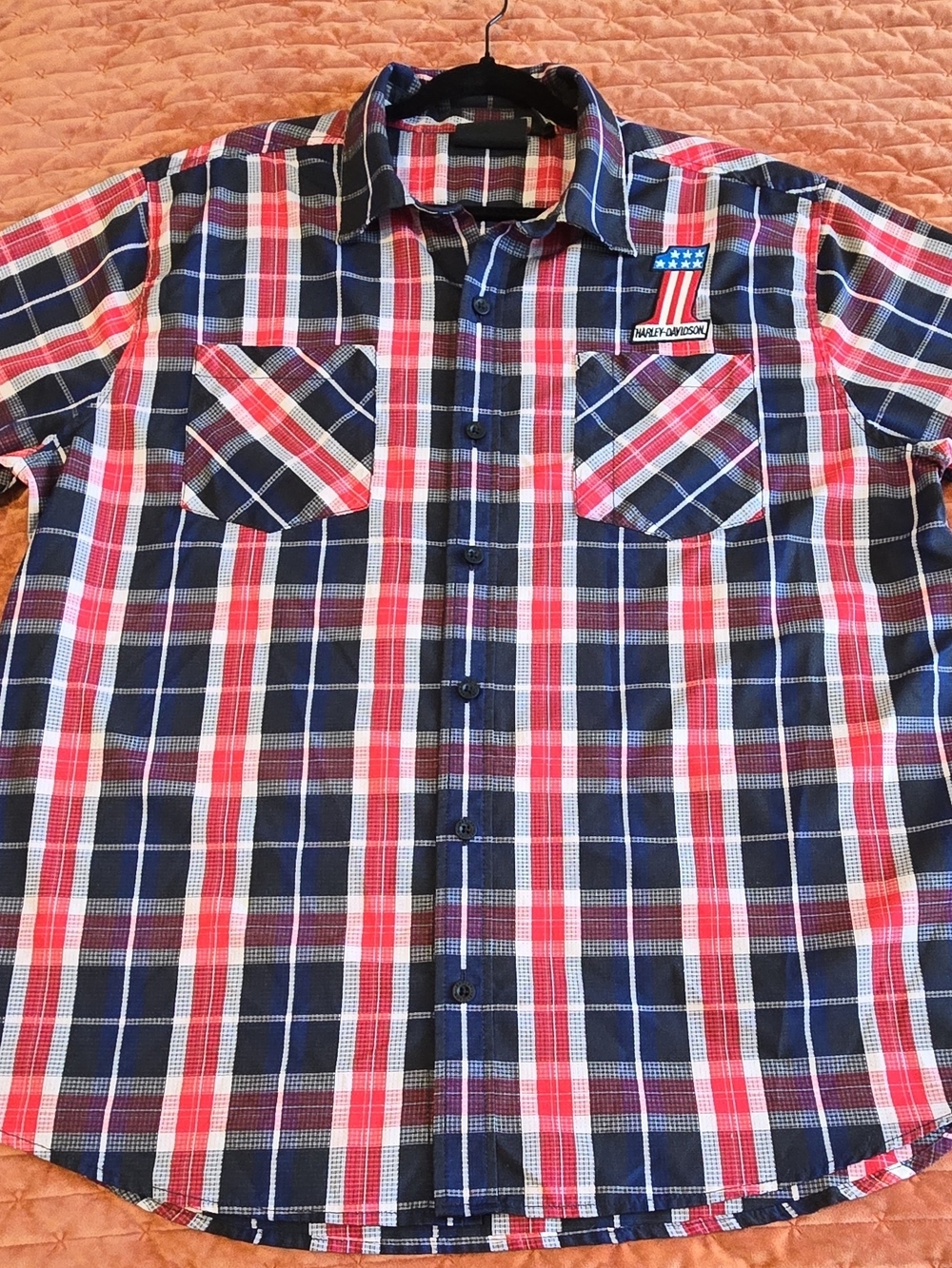 Harley-Davidson Red, Navy & White Plaid Casual Button-Down Shirt #1 Patch,large.